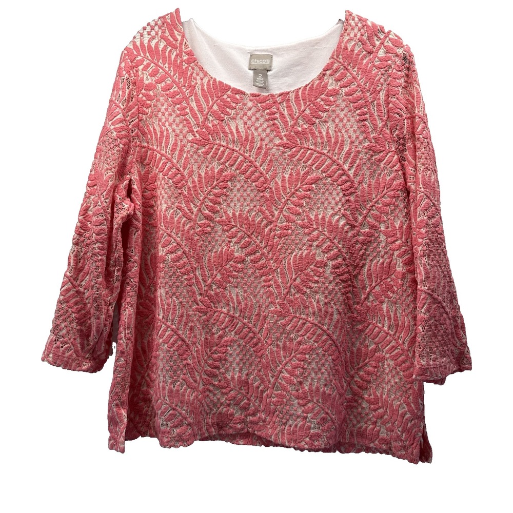 Chicos Women's Top Sz Large Lace Embroidered Top Layer Lined 3/4 Sleeve Pullover